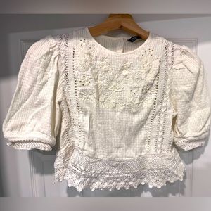 Zara XS women’s top embroidered neutral eyelet cropped